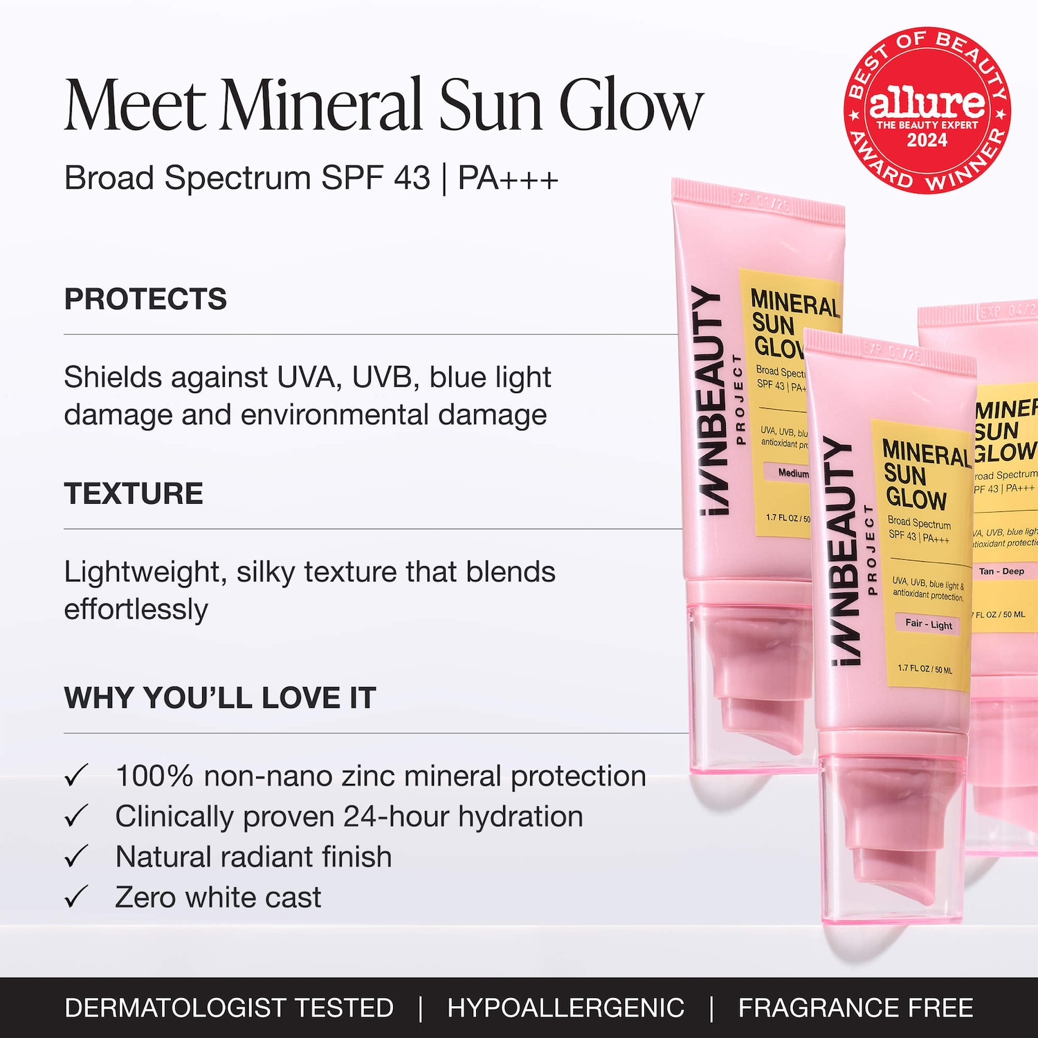 INNBEAUTY PROJECT – Mineral Sun Glow Broad Spectrum Sunscreen SPF 43 PA +++ with Peptides and Vitamin C