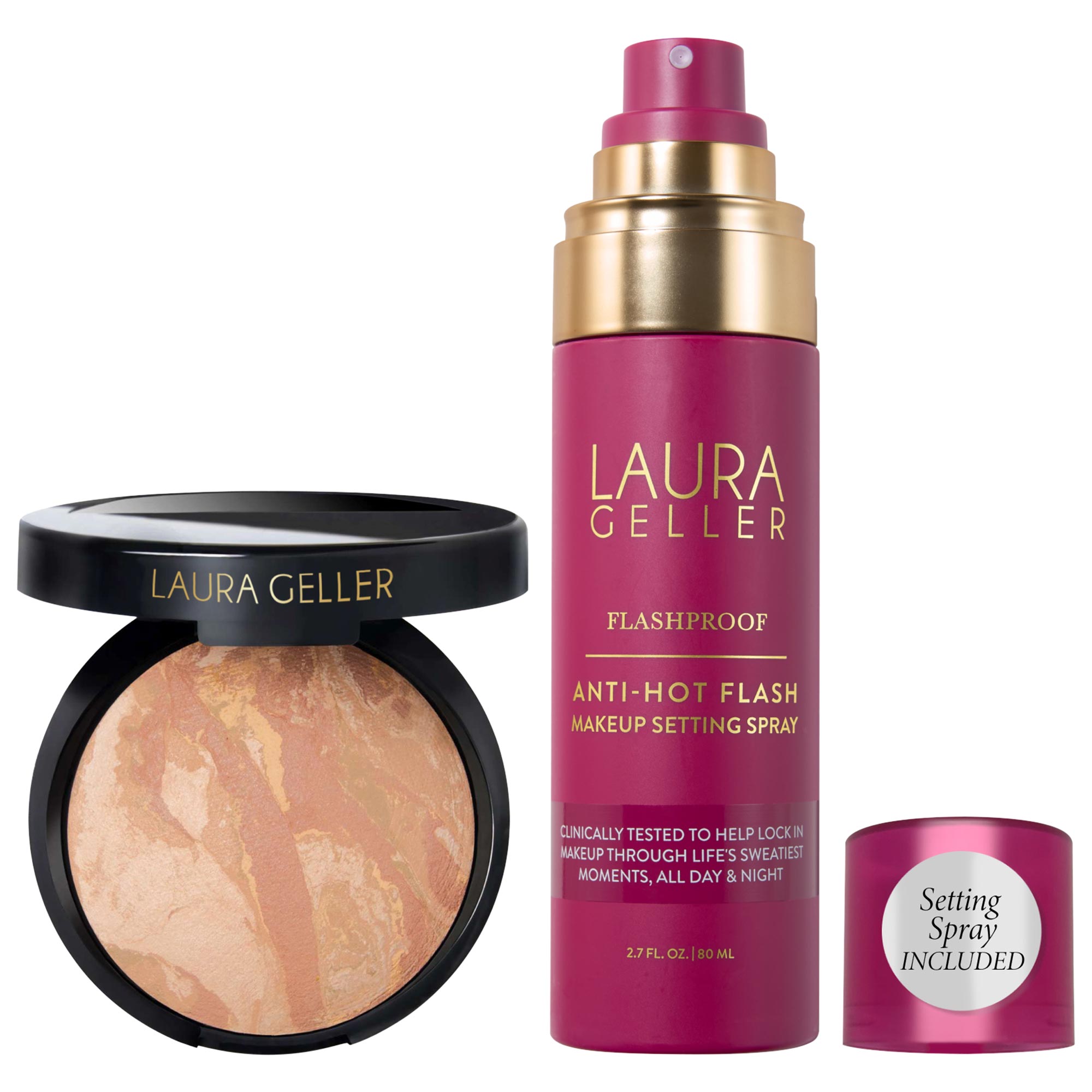 Laura Geller – Balance and Brighten Color Correcting Baked Powder Foundation + FlashProof Anti–Hot Flash Setting Spray Set