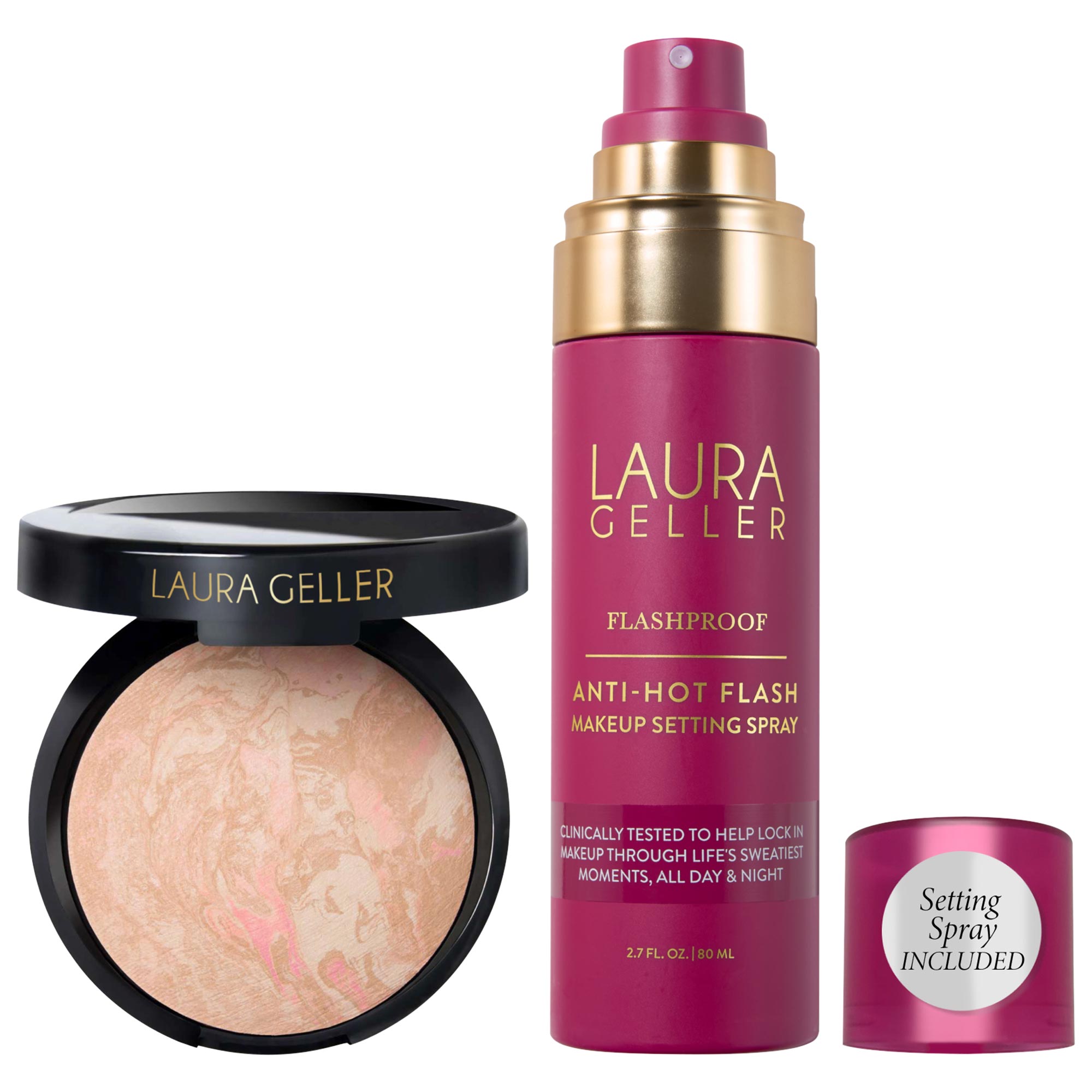 Laura Geller – Balance and Brighten Color Correcting Baked Powder Foundation + FlashProof Anti–Hot Flash Setting Spray Set